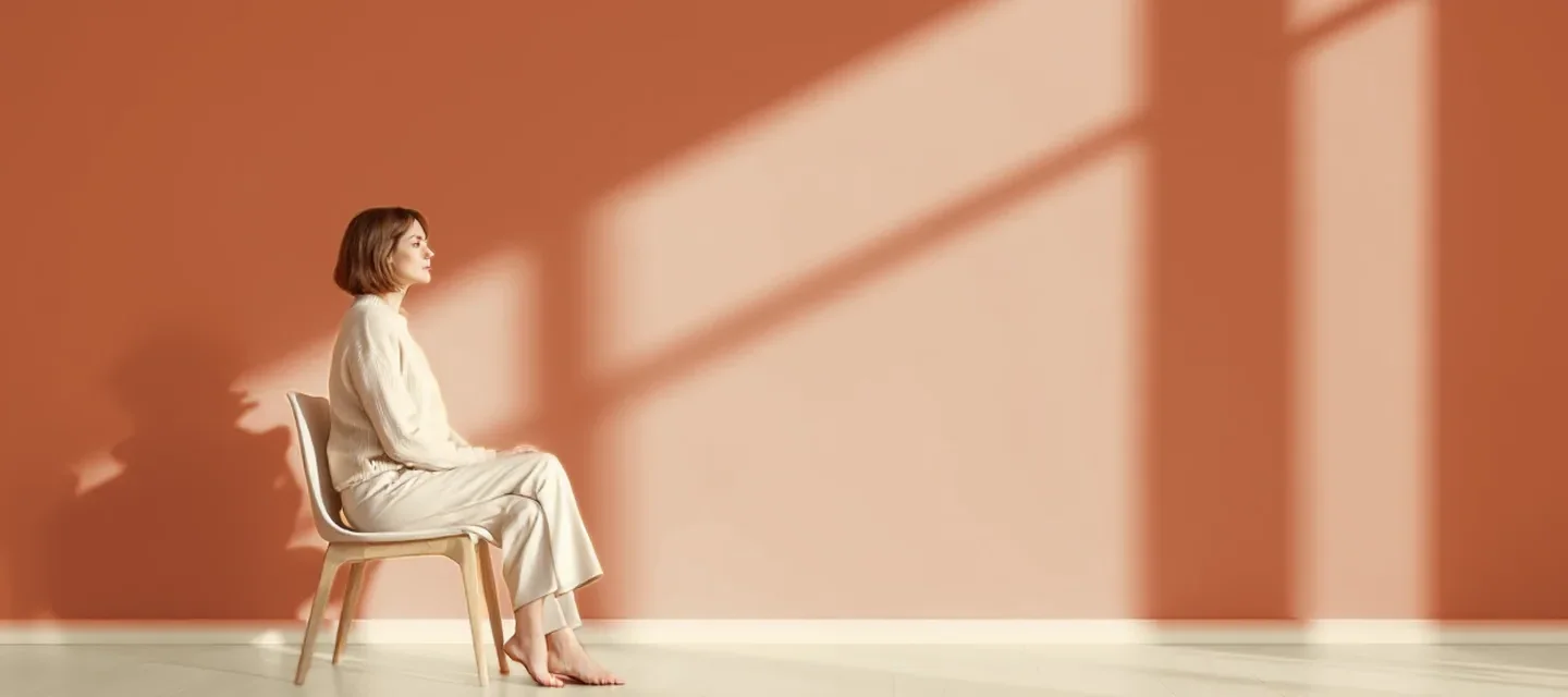Accueil Une femme assise de profil regarde calmement la lumière devant un mur terracotta