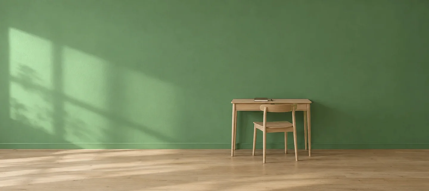 Bore-out et brown-out : quand l'ennui ou la perte de sens épuisent Bureau vide et rangé, image du bore-out : petit bureau en bois clair, chaise rentrée, contre un mur vert sauge