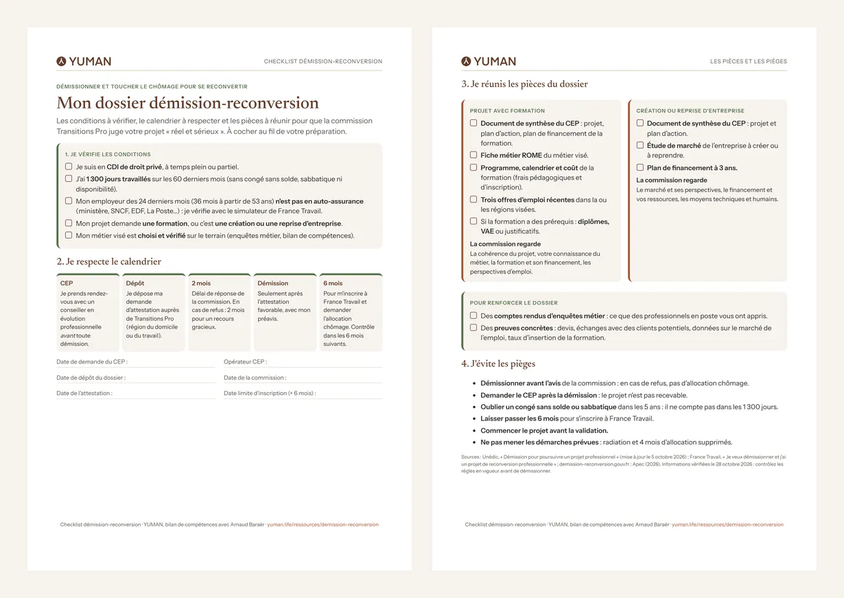 Démission-reconversion : préparer un dossier que la commission valide Aperçu de la checklist YUMAN du dossier démission-reconversion : étapes, calendrier, pièces à cocher et pièges