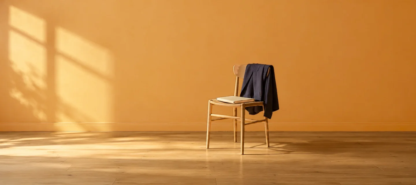 Démission-reconversion : préparer un dossier que la commission valide Chaise en bois devant un mur doré, une veste posée sur le dossier et un dossier fermé sur l'assise