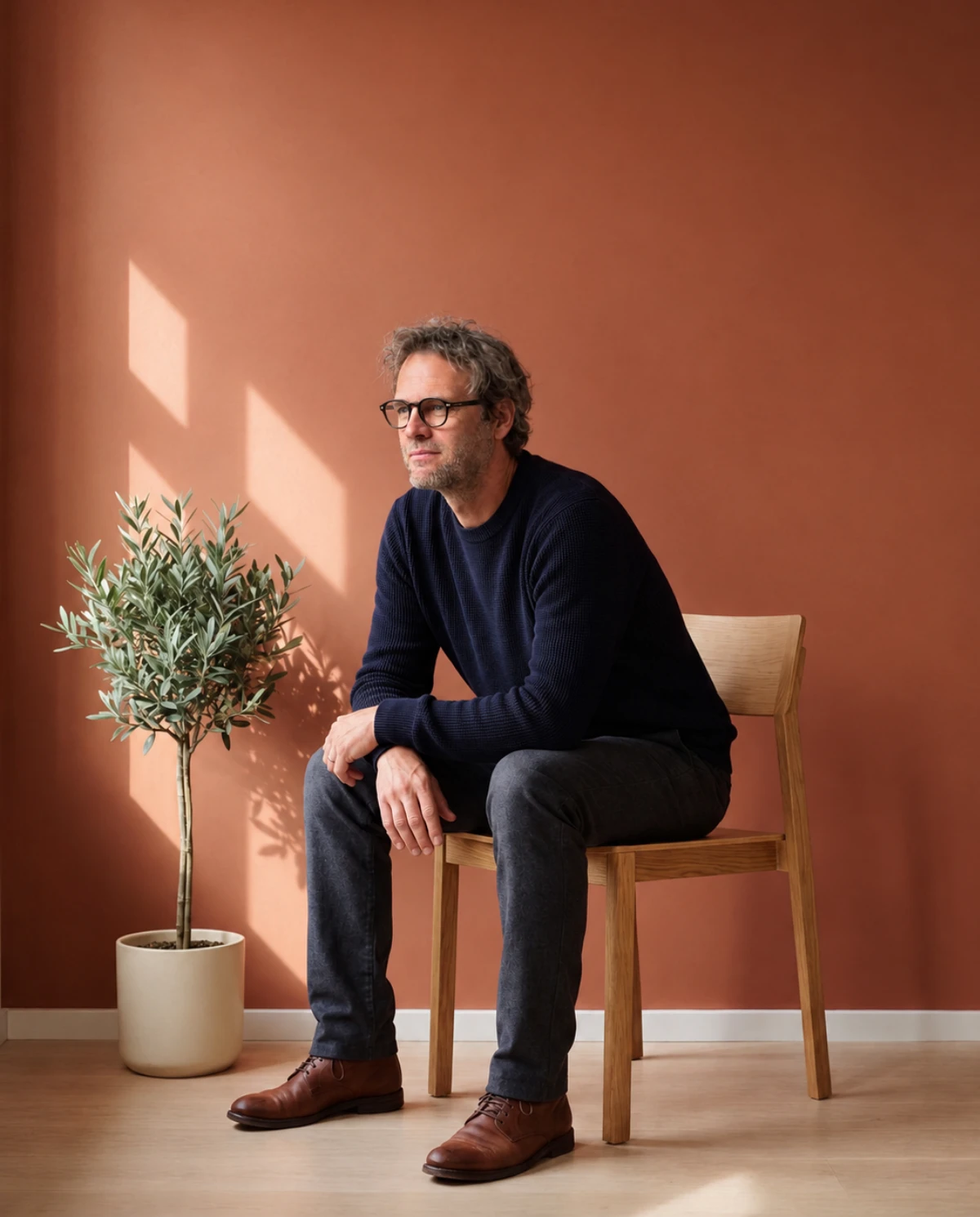 Accueil Arnaud Baraër, coach carrière, assis à l'écoute près d'un olivier, devant un mur terracotta baigné de lumière